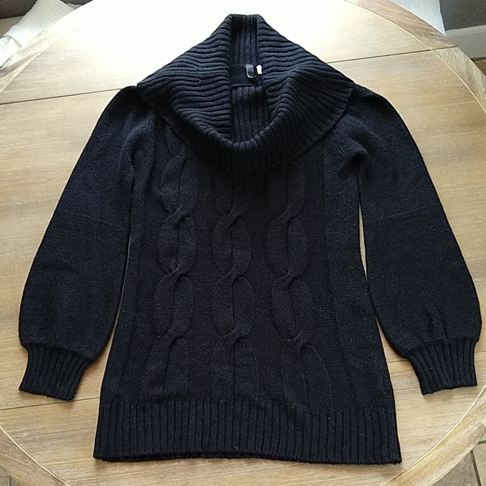 Cowl neck cable long sweater